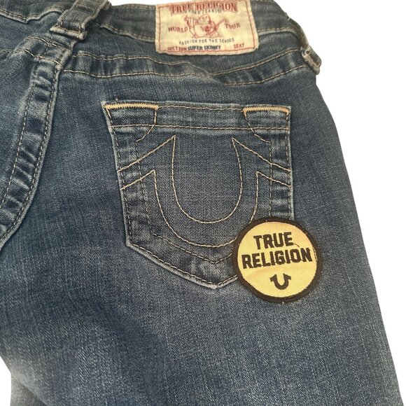 True Religion TR Patches Denim Jeans Mid Rise Zip Super Skinny Y2K Stretch - Picture 8 of 15